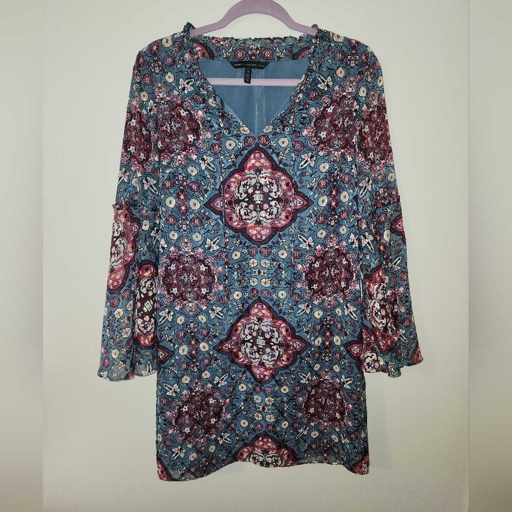 White House Black Market Patterned Long Sleeve Dress - Blue and Red